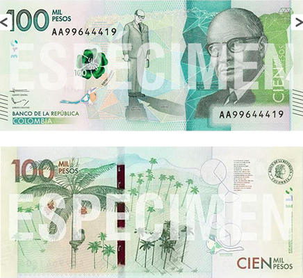 anverso y reverso billete 100 mil pesos colombia