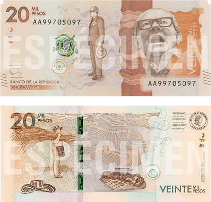 anverso y reverso billete 20 mil perso colombianos